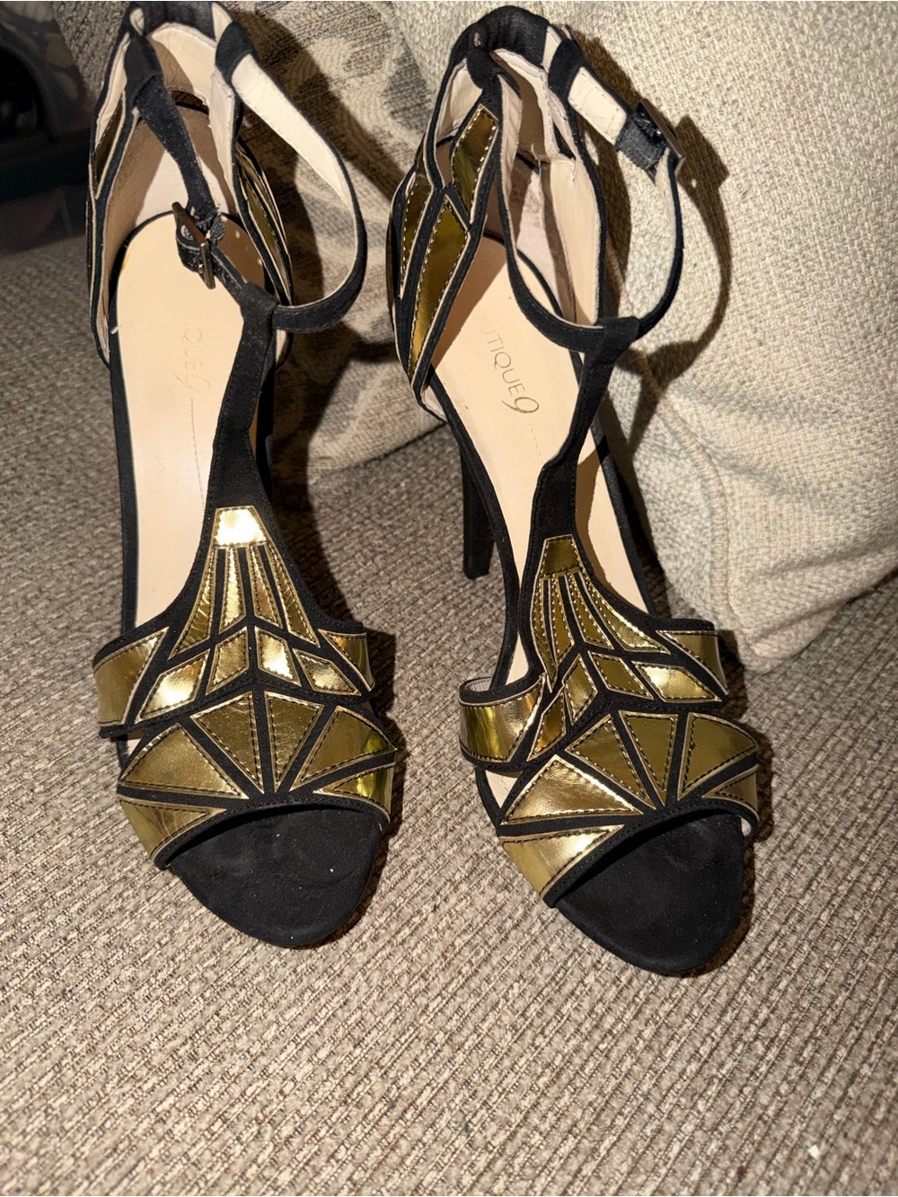 Boutique 9 Black suede  and Gold Geometric T-Strap High Heels